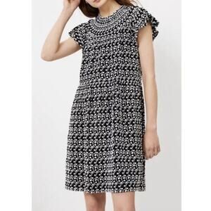 LOFT Embroidered Eyelet Smocked Yoke Mini Swing Dress Black White Size Small S